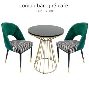 Bộ bàn cafe tròn và 2 ghế nệm vải caro CBCF131