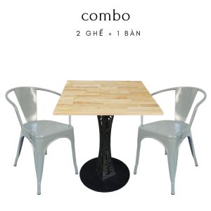 Bộ bàn ghế cafe bàn vuông 60cm mặt gỗ và 2 ghế sắt tolix CBCF119