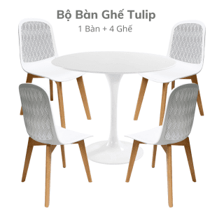 Bộ Bàn Tulip 80cm và 4 Ghế Nhựa Chân Gỗ CBBA063