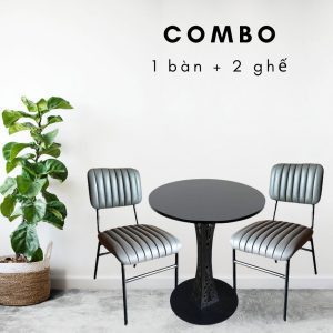Combo Bàn Cafe Tròn 60cm Và 2 Ghế Cafe Nệm Xám CBCF071